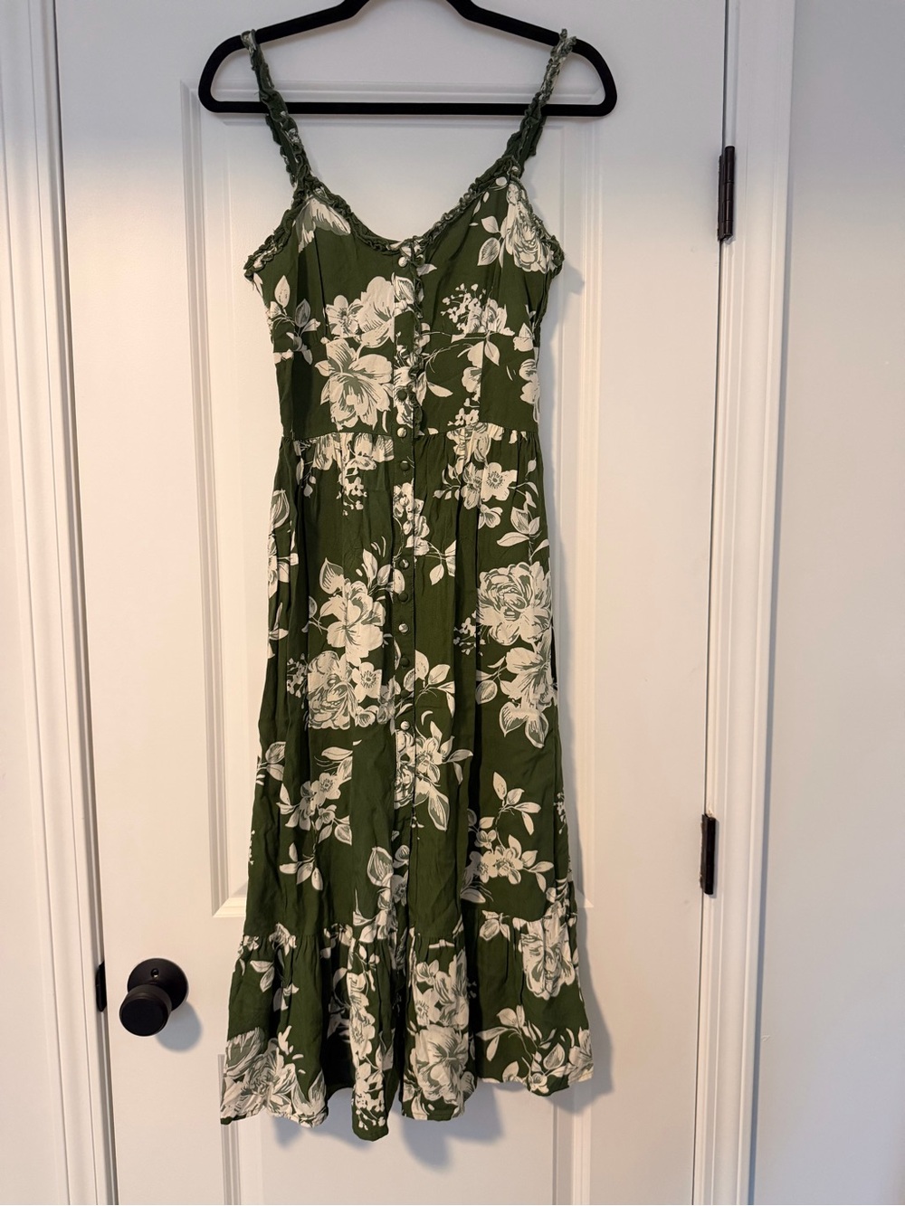 Patrons of Peace Olive Green Floral Button Front Midi Dress S
